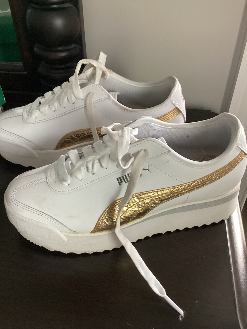 Puma Women's White Roma Amor Platform Sneakers with Metallic Gold